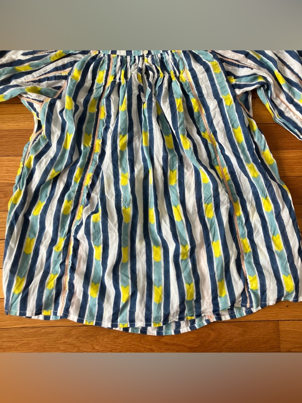 Roberta Roller Rabbit Blue Yellow Ikat Stripe Boho Cotton Blouse Large - Picture 4 of 7